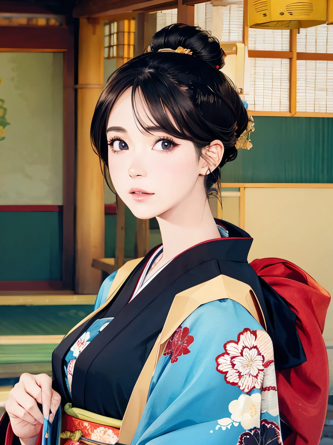 (Highest quality、 8k 、masterpiece、High resolution)、(whole body)、Vibrant colors、Brown-black bob、Traditional topknot、Ample breasts、(Highly detailed face and eyes,Beautiful Face,Beautiful Eyes,Beautiful nose,Pretty lips)、Official Art、Ukiyo-e style、 (Beautiful woman in kimono)、(Vivid floral patterned kimono)、background、river、bridge、Mountain、wood、Starry Sky、moon、Detailed CG、