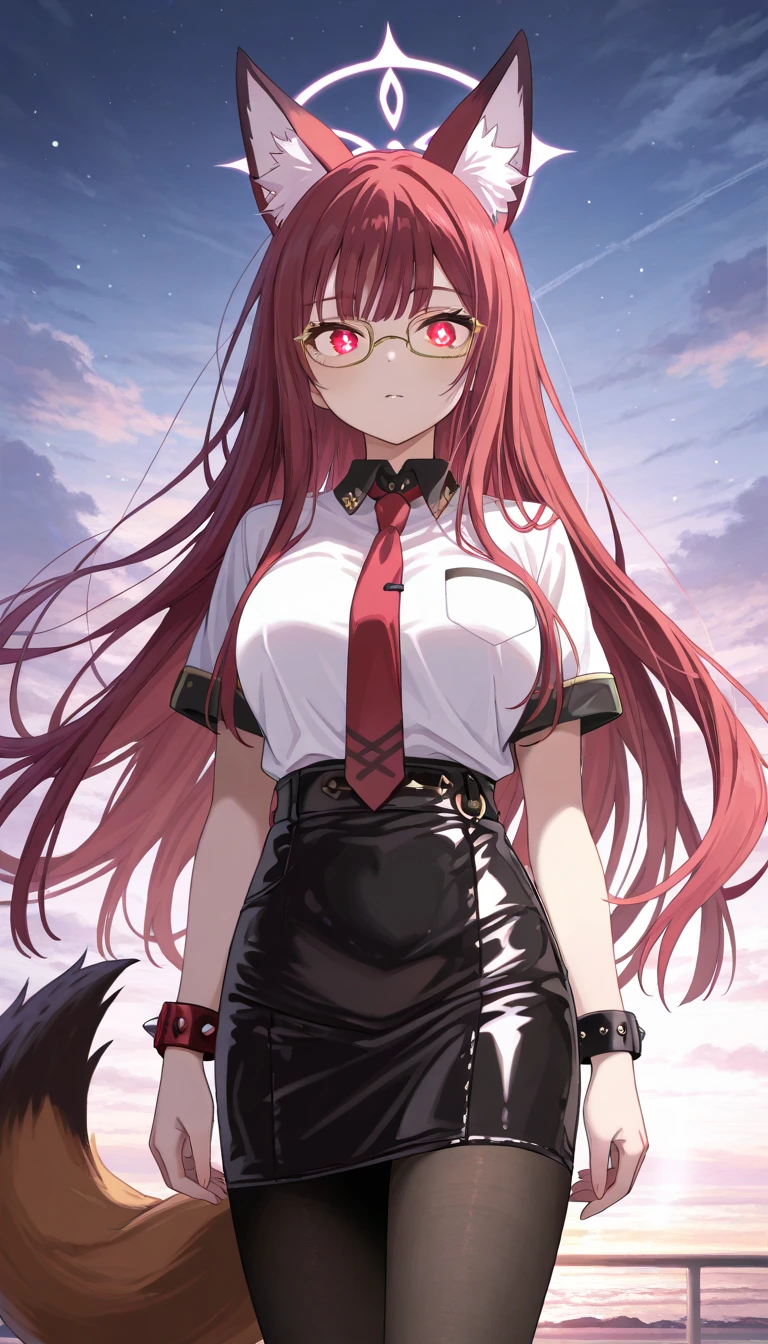 A fox girl age 28 year olds, Darkred long hair, glowing red eyes, drakred fox tail, Darkred fox eyes, Breasts, wearing gold glasses, short sleeves, white shirt, collared shirt, red necktie, high waist skirt, Black leather skirt, red spiked bracelet, Black tights, 