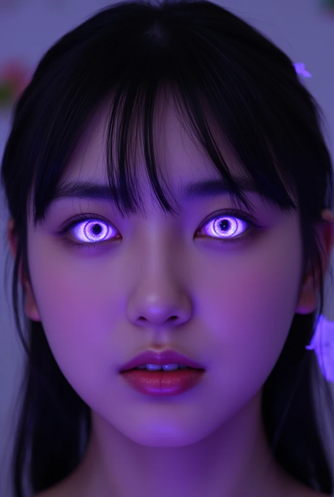  fisheye shot、 big eyes、Eyes close-up、A woman looking into、 Mysterious Purple Eyes 、Purple glowing eyes、Purple glowing eyes