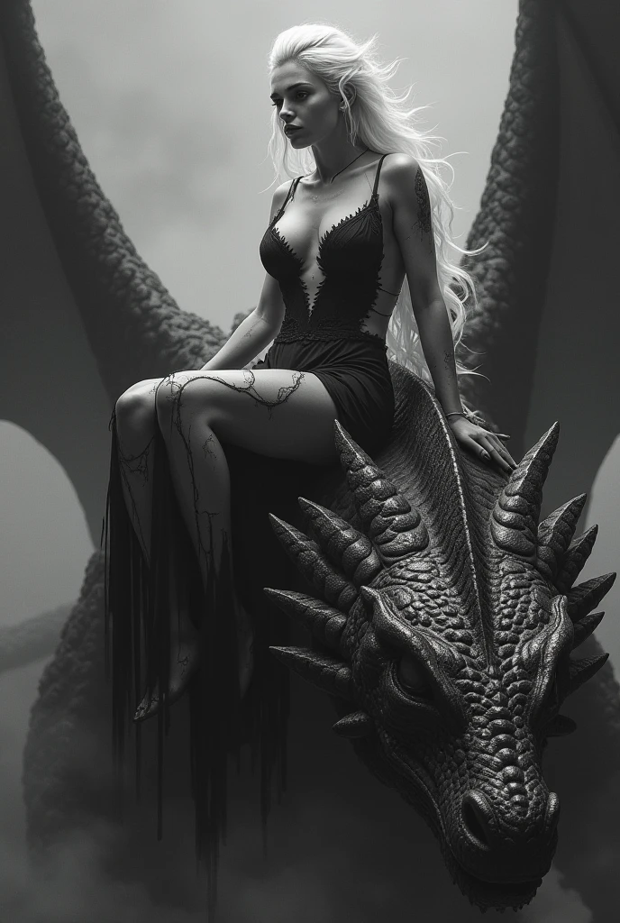 woman 30 years old, winterfel ,game of thrones clothes, dark castle, a woman (baela targaryen), black woman, black skin (black skin) medium hair, curly hair (white hair), (gray eyes) . Indifferent look , merciless. sitting in the dragons, (dragon) , flying, dinamic poses, egoist smile, upper body, angry face,