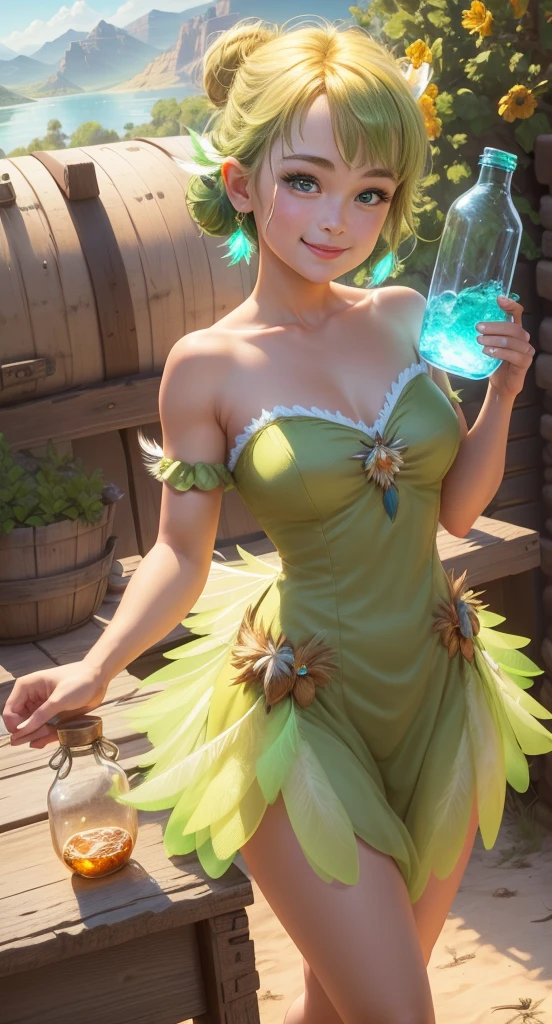 ((African American  girl)), (black kinky  hair), (Tinkerbell Waifu:1), smile,  cute, looking at the viewer, thick thighs, single bun, short hair, (strapless green dress:1), (fairy wingocus on breasts:1.2), (realistic: 1.2), (realism), (masterpiece: 1.2), (best quality), (ultra-detailed), (8k, 4k, complex),(full body photo: 1),(cowboy photo:1.2), (85mm), light particles, lighting, (highly detailed:1.2), (detailed face:1.2), (gradients), sfw, colorful,(detailed eyes:1.2), (detailed landscape, inside a glass jar:1.2),(detailed background), detailed landscape, (dynamic angle:1.2), (dynamic posture:1.2), (rule of terceira_compositing:1.3), (line of action:1.2), general plan, daylight, soil, no panties, huge breasts