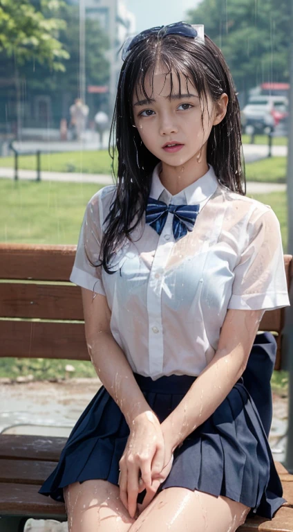  very detailedCGユニティ8K壁紙、 top quality、 very detailed、masterpiece、 realistic、 Photorealistic、((Rainy day in the park:1.4))、  cute girl with great attention to detail 、、(High school students in Japanese uniforms)、(( shot from the front :1.4))、((Navy blue student bow tie:1.4))、(( Sitting on a Wet Bench in the Park :1.4))、、Cleft lip、 stare at viewers、 SEMI BODY SHOT、( love hotel room)、(Japanese high school designated boots)、( short dark blue pleated skirt :1.5)、(A short-sleeved white shirt for students)、 ( dark blue bow tie :1.2)、(Light brown long hair)、( beautiful faces:1.3)、( perfect proportions:1.2)、( long legs :1.2)、(( Medium Breasts :1.4))、((  white panties :1.4))、((Rain-soaked blouse、The brush is transparent))、(The bra is see-through)、((( wet hair、 wet skin)))、(( upper body))、(( crying:1.4))、((Student&#39;s bag:1.4))、