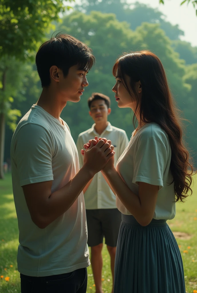 A young man is sitting on the edge of a small fountain in the park, his posture slumped and his hands clasped tightly. His eyes are downcast, filled with sadness, but beside him is a faint, ghostly image of a young, beautiful women approaching him. In his imagination, she is walking toward him with a loving expression, as if ready to comfort him with her presence. The scene around them is calm, with soft sunlight streaming through the trees and reflecting off the water The imagined girl appears