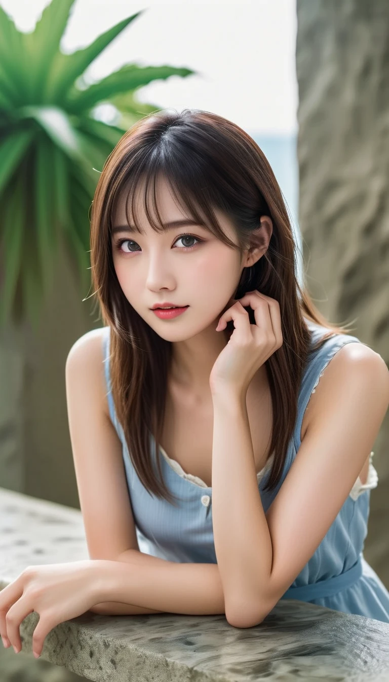  Japanese girl 、knees(reality: 1.4),  (No makeup)、  Japanese beauty  、  camisole dress、 Very beautiful big eyes in a chair 、 (  brown eyes)、   has long eyelashes、   detailed face   、( embarrassed face:0.8), (:0.9)、、   staring at the camera 、   serious expression、  Looking Ahead  、   shorthair 、  brown hair、Sea view、  Nogizaka idol 、actress、20 years old、   small breasts、   wet skin、baby face、    moist and realistic skin texture sitting in a chair  、  Damp Belt   、Natural Shadows、 (  clevis on a stone  :1.5), ((( table top,  more details,  in fine detail))), ((( high resolution, 8K wallpaper,  perfect dynamic configuration、No blur)))