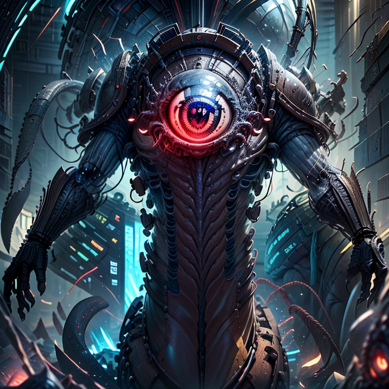 one eyed，main body：Alien monsters，Wreak havoc on an unknown planet，Exudes an aura of terror。
enviroment（Background with）：Unknown planet，Bizarre plants and buildings are scattered around，Full of technology and unknown。
Quality style：scifi style，Focus on the use of exaggerated and futuristic elements，Bring a strong sci-fi atmosphere to the audience。
illuminating：Use colorful glows and shadows，Highlight the horror images of alien monsters。
color：Mainly cool colors，The skin of the alien monster and the colors of the unknown planet complement each other，It presents a sense of technology and the unknown。
sentiment：terroral、thriller，It conveys the shock and horror of alien monsters raging on unknown planets。
composition：Adopt a composition with an elevation perspective，Place the alien monster in the center of the picture，Set against the backdrop of unknown planets and exotic plants，Enhance the exotic and technological features of alien monsters。
peculiarity：The alien monster has glowing eyes，There is a terrifying light，Its antennae and limbs possess extraordinary strength and perception。
the detail：Every texture of an alien monster、Skin texture and movement are depicted in detail，Creates a strong sense of realism