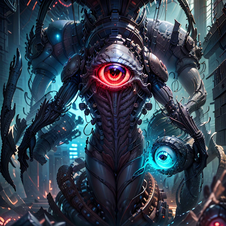 one eyed，main body：Alien monsters，Wreak havoc on an unknown planet，Exudes an aura of terror。
enviroment（Background with）：Unknown planet，Bizarre plants and buildings are scattered around，Full of technology and unknown。
Quality style：scifi style，Focus on the use of exaggerated and futuristic elements，Bring a strong sci-fi atmosphere to the audience。
illuminating：Use colorful glows and shadows，Highlight the horror images of alien monsters。
color：Mainly cool colors，The skin of the alien monster and the colors of the unknown planet complement each other，It presents a sense of technology and the unknown。
sentiment：terroral、thriller，It conveys the shock and horror of alien monsters raging on unknown planets。
composition：Adopt a composition with an elevation perspective，Place the alien monster in the center of the picture，Set against the backdrop of unknown planets and exotic plants，Enhance the exotic and technological features of alien monsters。
peculiarity：The alien monster has glowing eyes，There is a terrifying light，Its antennae and limbs possess extraordinary strength and perception。
the detail：Every texture of an alien monster、Skin texture and movement are depicted in detail，Creates a strong sense of realism