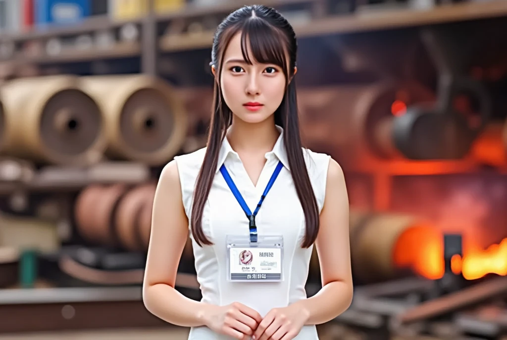 (masterpiece, best quality:1.2, photorealistic), 1woman, solo, Tamao, anchor woman, white tight uniform slim cutting dress, she hold a microphone and live broadcasting,  describe the metal factory outlook, metal factory, whole body photo, clear background view, red hot metal