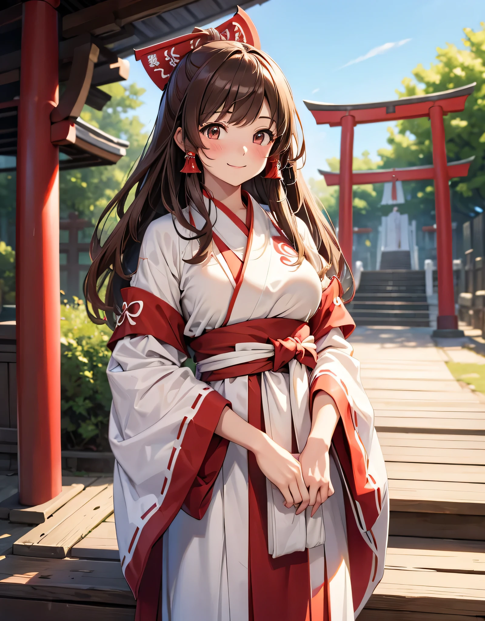 One Girl , solo, high resolution, big breasts, Look away, blush, smiles, long hair, bangs, brown eyes, high resolution, masterpiece, accurate, anatomically correct, won numerous awards, 最 High Quality , High detail , high image quality model, High Quality , retina, very detailed, Ultra Fine, brown hair, , (((red and white shrine shrine maiden costume))), Highlight the whole body, Shrine Background , Shrine maiden laughing happily , Tie your hair back,
