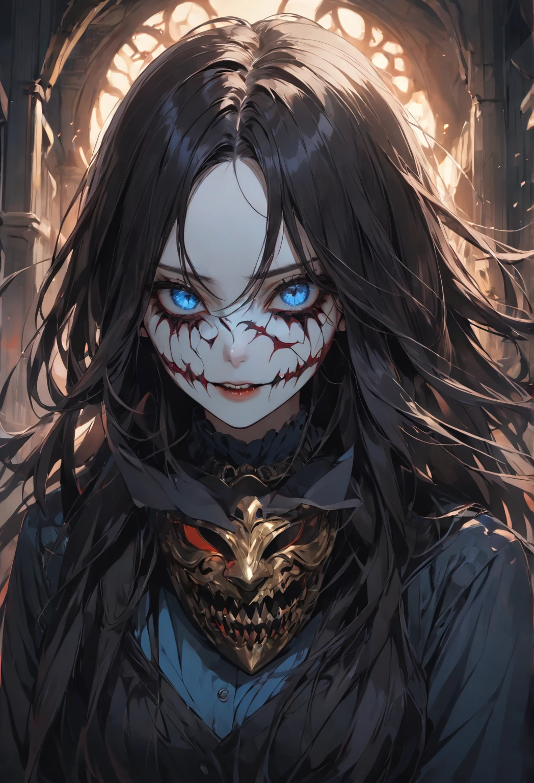 Handsome vampire teenager，closeup cleavage，head portrait，Open your mouth，the bats，long canine teeth，There is blood on the teeth，long whitr hair，（There is blood at the corner of the mouth：1.4），Blood，depth of fields，dynamic blur，high light，Real light，Ray traching，oc rendered，Hyper-realistic，best qualtiy，8K，Works of masters，super-fine，Detailed pubic hair，Correct anatomy，sharp focus on eyes，Bokeh，Facial features are carefully depicted