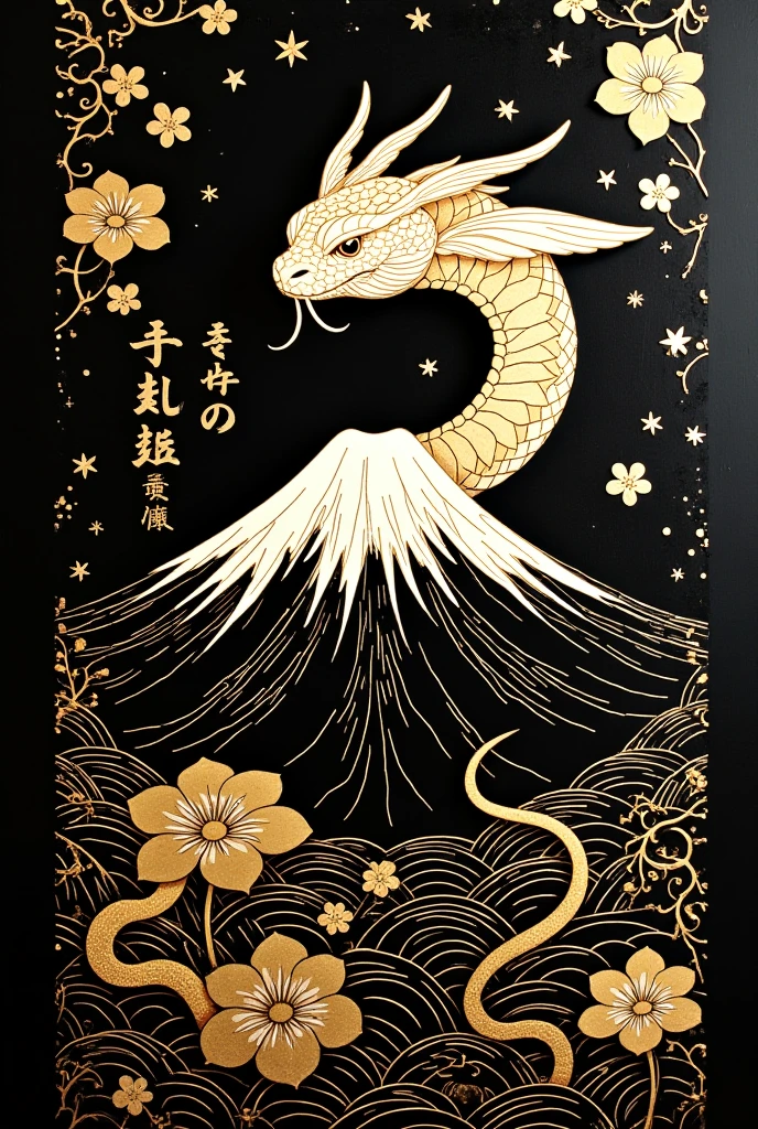 (masterpiece),(absurdres),(ultra detailed)、( Mt. Fuji drawn with gold lines :1.1),( white snake with wings drawn with gold lines:1.1),Japanese flag,( gold leaf illustration :1.3),(Lacquerware texture :1.3)、(Black texture :1.1)、(word written 'Happy New Year' )