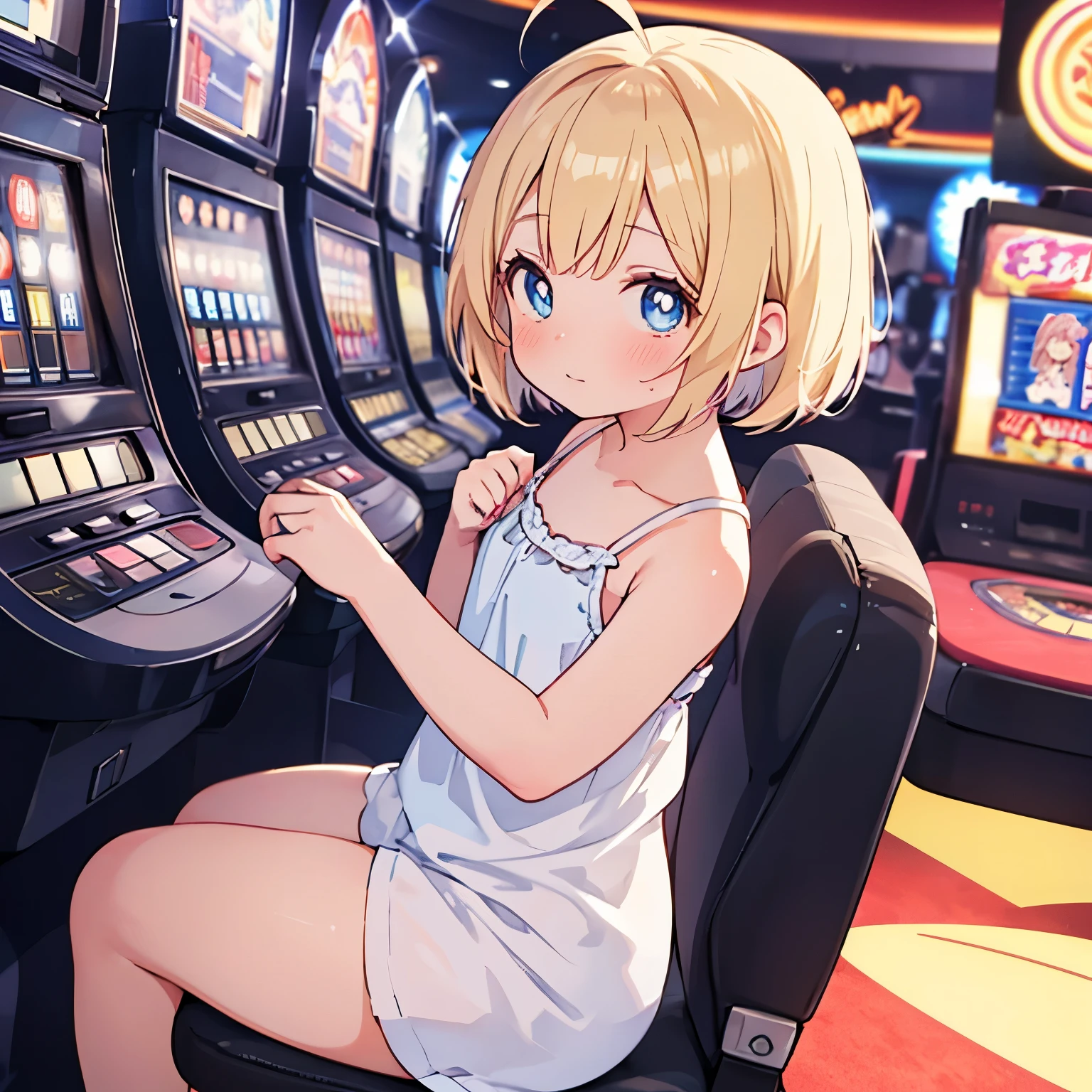 Beige hair, wearing a white camisole , anime girl playing a slot machine in a casino, cute girl with flowers in her hair, seductive anime girl , ( anime girl ), digital animation illustration , Lofi Girl , On pixiv, attractive anime girl , an anime girl , cute anime girl , Hanayamata , anime girl , anime best girl , young woman anime visual, pretty anime girl , bob cut, wearing a white camisole ,Facing the slot machine,Sitting on a chair playing a game on a slot machine, Blue Eyed Woman, don't hold anything in her hands , I'm sitting on a chair , Facing the slot machine, wince, ahoge, messy hair, bangs pinned back, heart-shaped pupils, blush, cheek bulge, from behind, close-up, feet out of frame, wireless earphones, first-person view, cowboy shot, from side, bust chart, zoom layer, make your hands gooey, make your breasts bigger