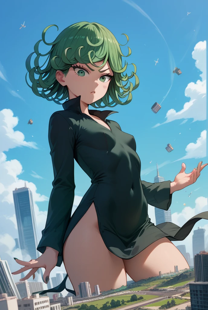 (masterpiece, best quality: 1.2), cowboy shot, solo, 1girl, tatsumaki, angry, mouth shut, looking at the viewer, arms crossed, black dress, blue sky, clouds, wide hip, thick thighs, defined body, big ass, white panties.