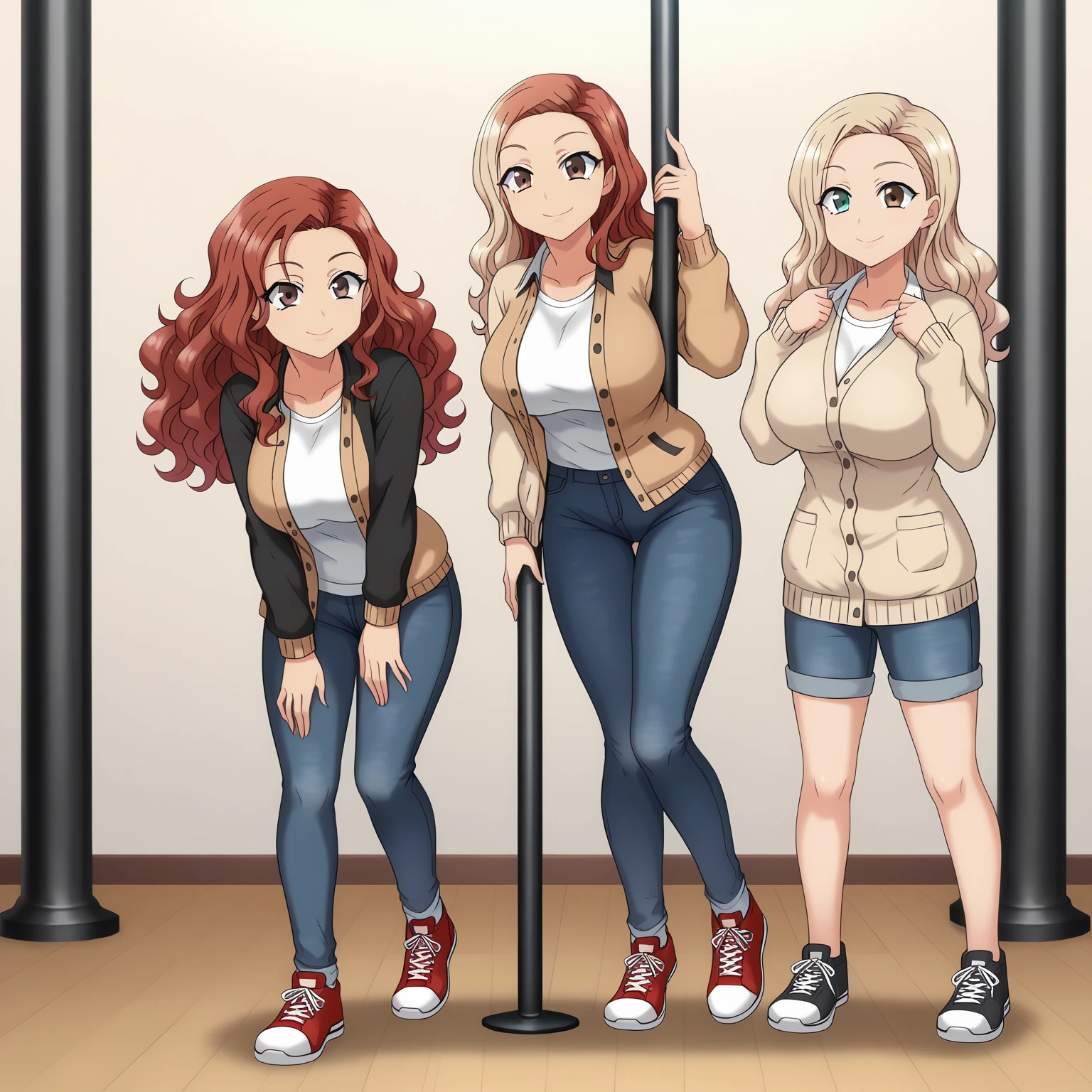 5seq, transformation sequence (masterpiece, high quality, lineart, monochrome), (skinny man with brown hair and wearing an oversized open hoodie and tight jeans), (woman with voluptuous body), cliff side trail, facing forward