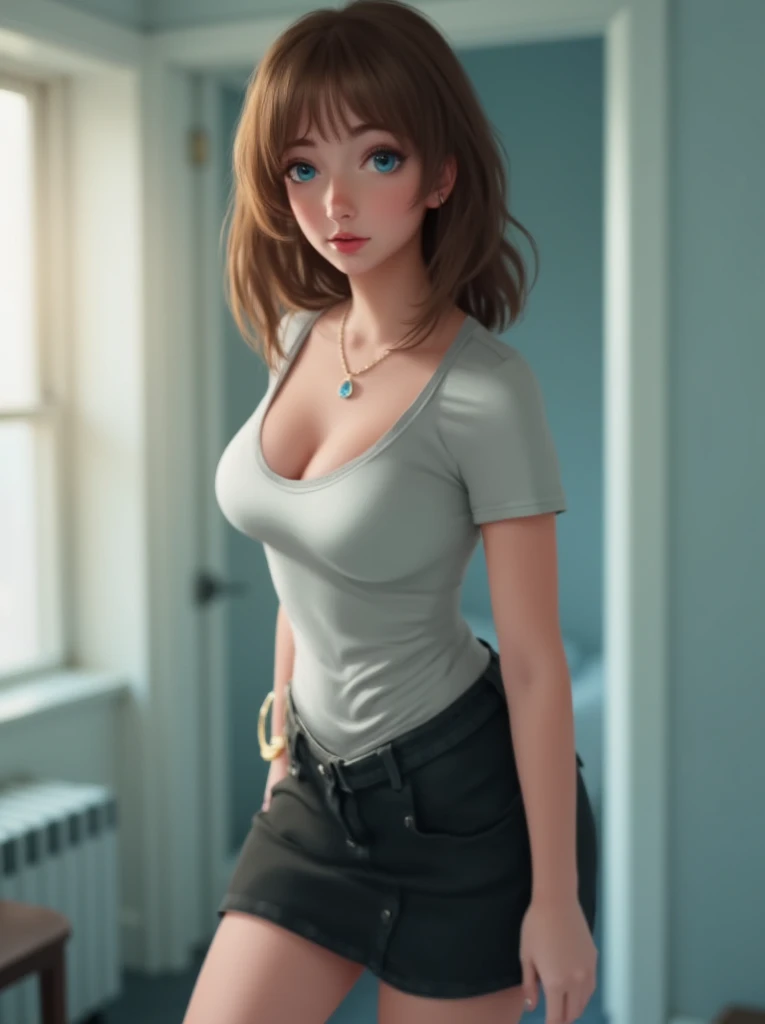 Create a 17-year-old blue-eyed girl with a tight skirt 