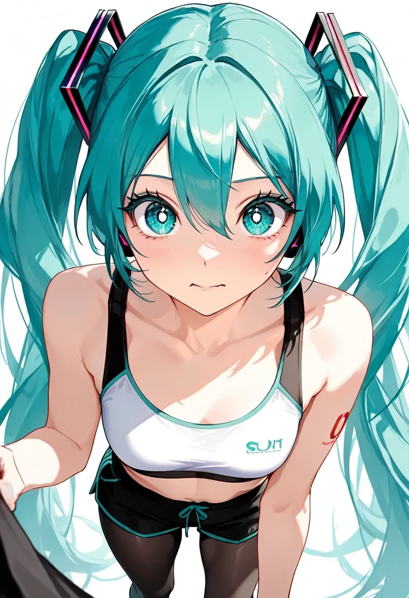 (masterpiece), ( top quality),  very detailed,  high resolution,  One Girl ,  Single Focus ,  skin dimentation, sports bra，Shorts， pantyhose， perfect face,   puffy face  ,  beautiful faces,  big eyes, Swollen eyes,  perfect eyes, eyelash， Hatsune Miku ， very detailedな顔, creating a vibrant impression, away from the camera, anatomically correct
