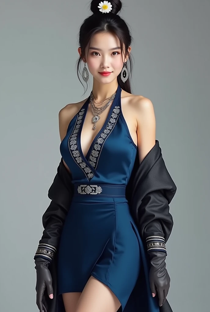 film grain and 8k raw photos and 24 year old young Ulzzang kpop idol and beautiful and masterpiece and best quality and TATTOO and IREZUMI and Smiling naturally and waving at the camera and wearing a masterpiece dress and cleavage visible and medium full shot and detailed hand and Detailed 5 fingers and Detailed 5 finger