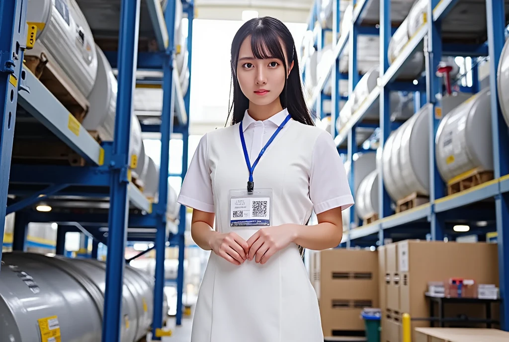 (RAW photo, real photo, high quality, masterpiece), 1woman, solo, Tamao, anchor woman, white tight uniform vest and dress, she hold a microphone and live broadcasting in front of camera, describe the metal factory outlook, metal factory, whole body photo, background view, detailed face, detailed background