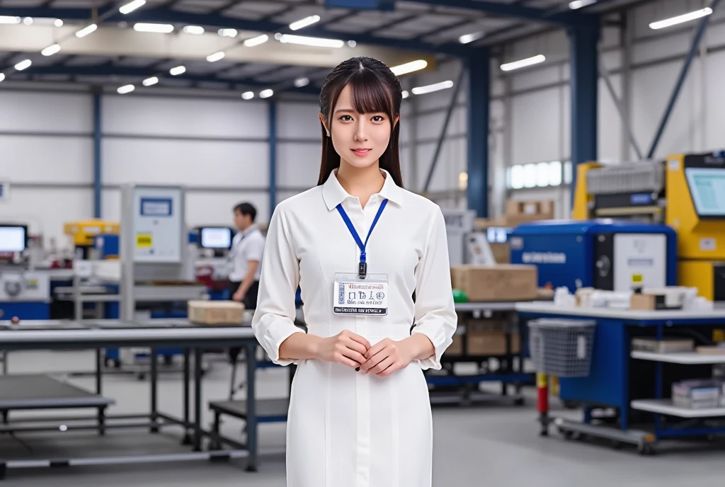 (RAW photo, real photo, high quality, masterpiece), 1woman, solo, Tamao, anchor woman, white tight uniform vest and dress, she hold a microphone and live broadcasting in front of camera, describe the metal factory outlook, metal factory, whole body photo, background view, detailed face, detailed background