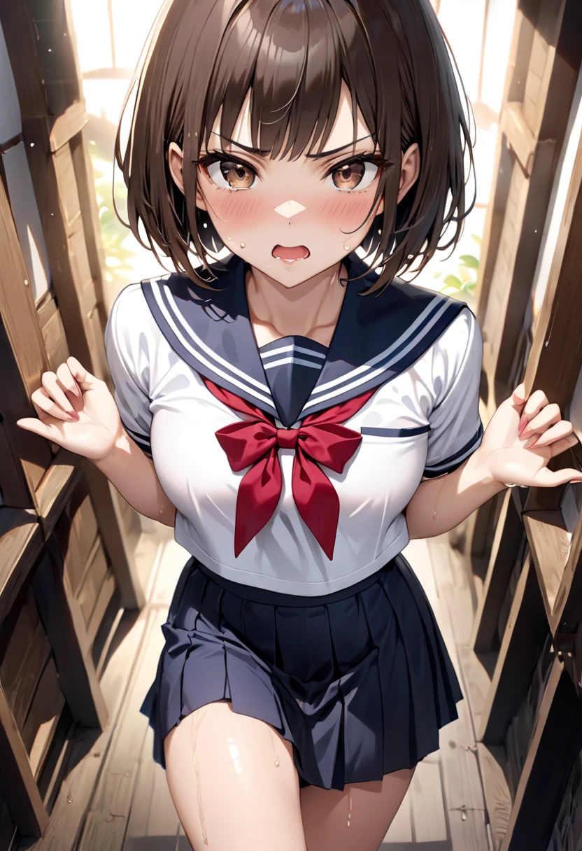 Being tortured,Bondage,Hanged and whipped,Painful expression,There is a wound,cute girl in miniskirt,Stylish, face,