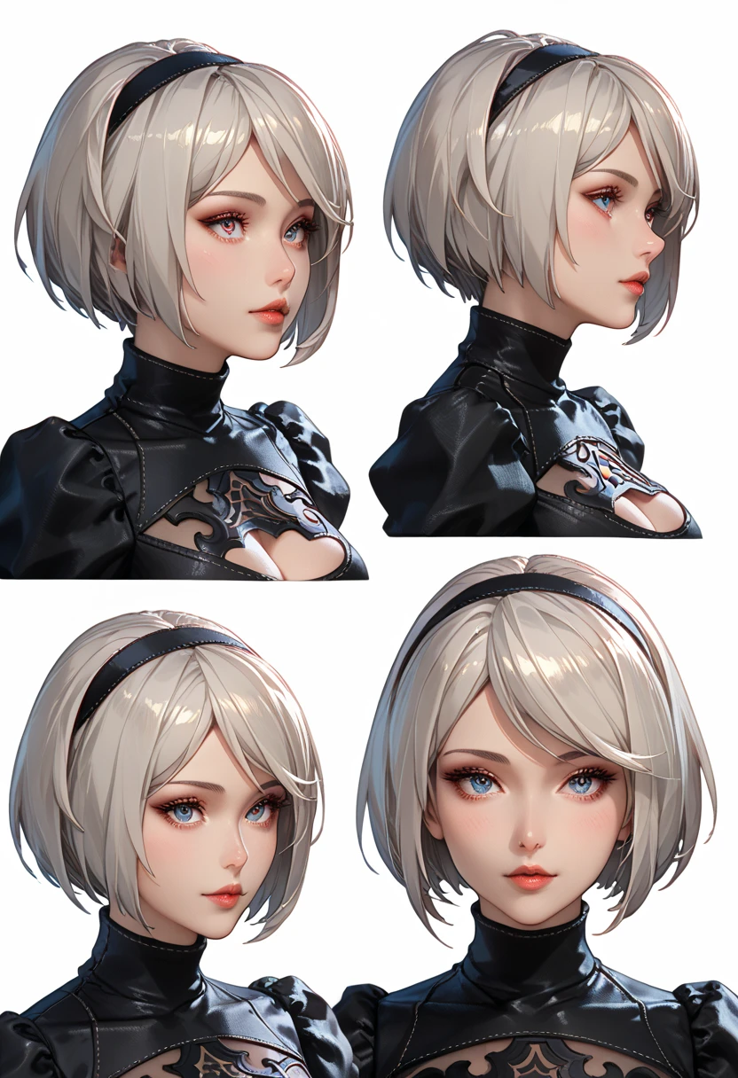 character sheet desing lady 2b from nier automata, only head. beauty face, perfect proportion, beauty, ultra detailed face. view: front view and (orthogonal side view) . (only head view) 2 views. beauty eyes. (((orthogonal views))), no perspetive only orthogonal views. straight head, orthogonal view. symmetry. only 2 views. top view, back view. bottom view (cenital), only orthogonal views
