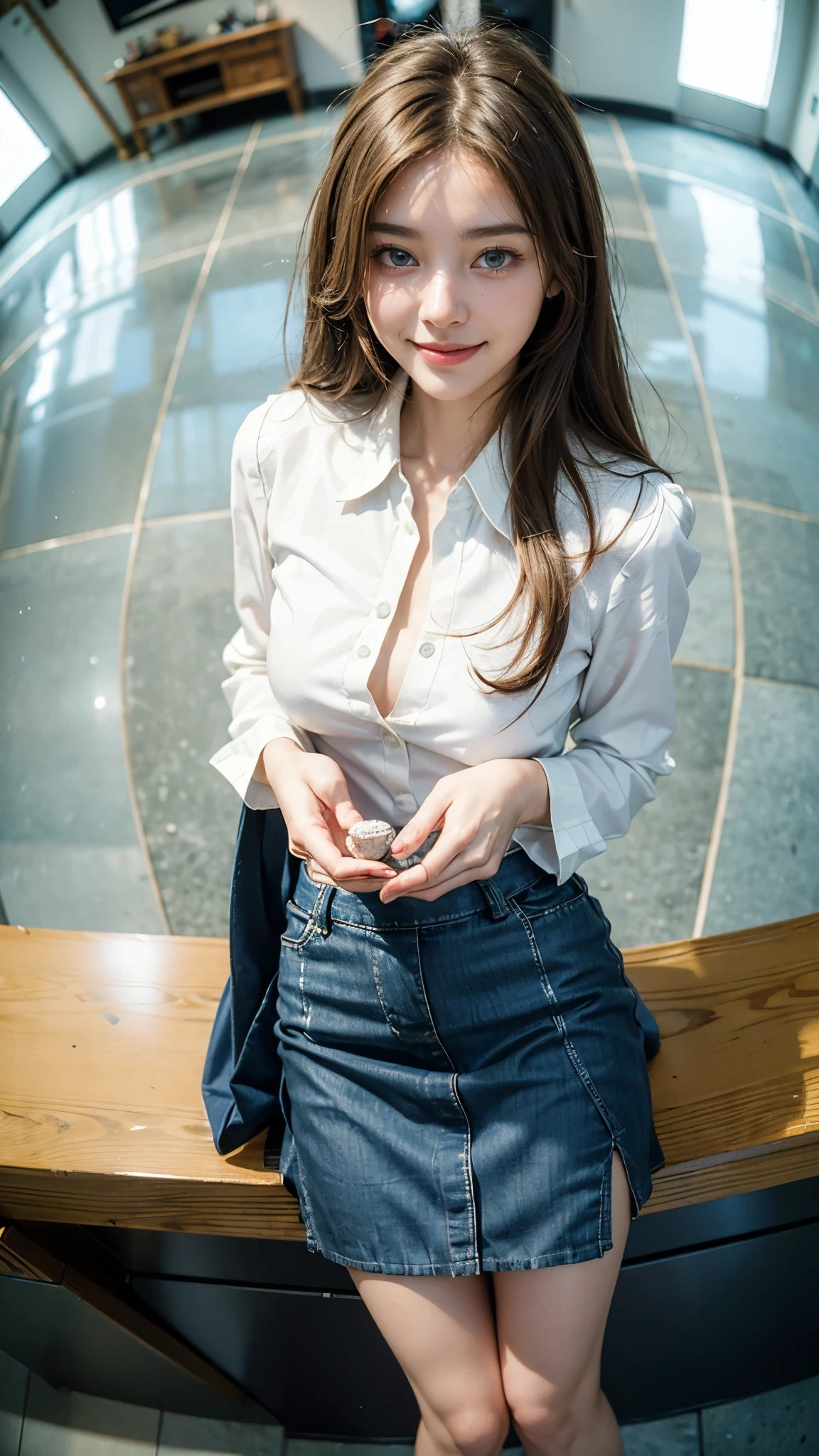 (Best Quality), masutepiece:1.2, 超A high resolution, ((full length body shot:1.4))、((Shot from below:1.4))、Photorealistic:1.4, Raw photo, ((In front of the fireplace in a dark mountain hut:1.4)), (Wide angle shot), ((Collared short sleeve white shirt for students:1.4)),(1girl in),(15 year old girl), (Pink nipples:1.4), ((wetted skin:1.5)), (Real Skin), ((medium breasts:1.4))、(Semi-long hair, dark brown hair)、 ((Denim skirt:1.4)), ((Carrying a large backpack:1.4)),((Not wearing panties:1.4))、((Detailed female genitalia、Pubic hair:1.4))、 (hyperdetailed face), ((shairband:1.4)), (Ultra detailed eyes), (Ultra-detailed nose), (Ultra detailed mouth), (Ultra detailed arms), (ultra detailed body), Pan Focus, Staring at the photographer、terrified expression、Afraid、standing with spread legs