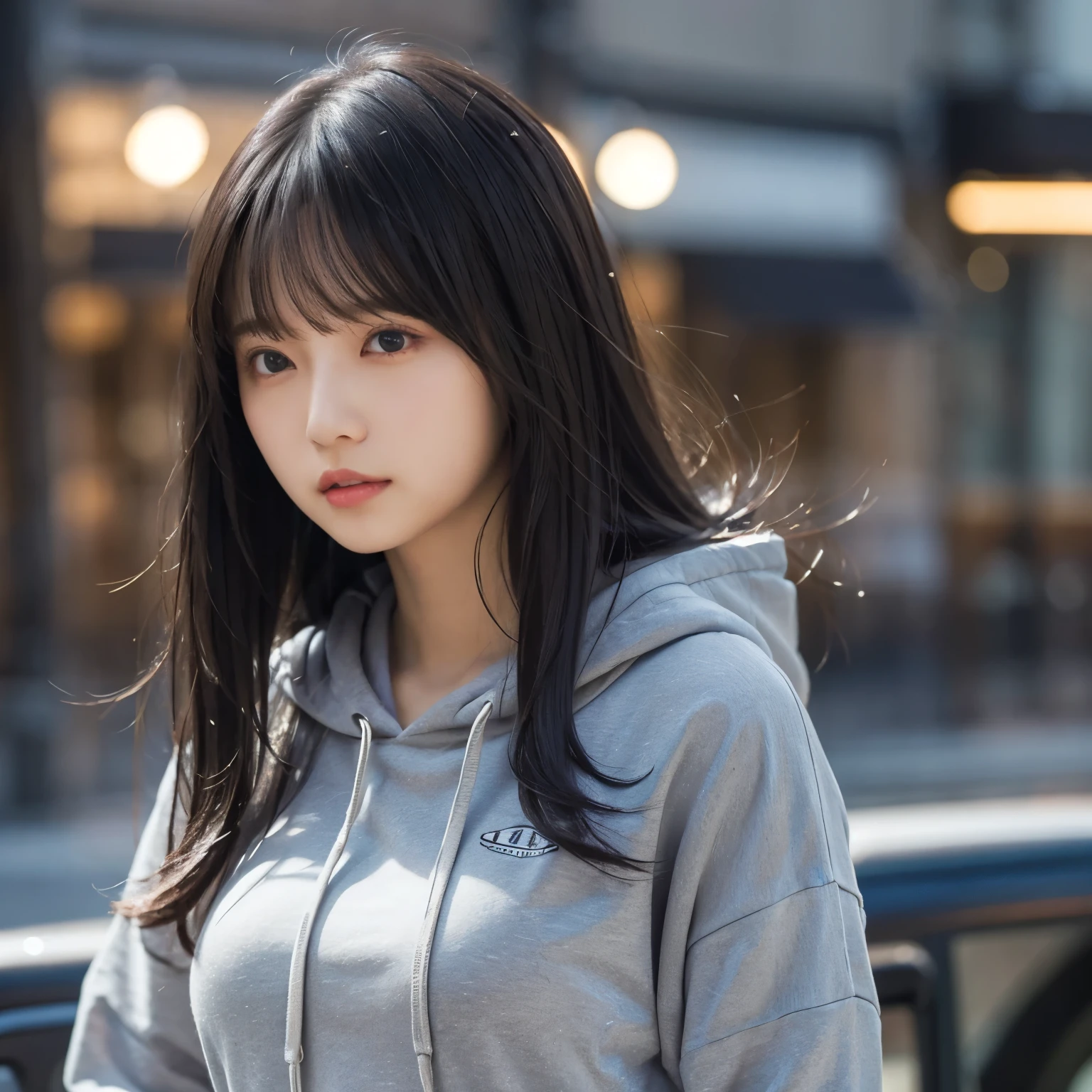  light gray hoodie ,Strong winds,  girl, busty,  black hair,  straight hair,  with bangs, 's greatest masterpiece,  professional lighting, Lighting from the front, reflex version