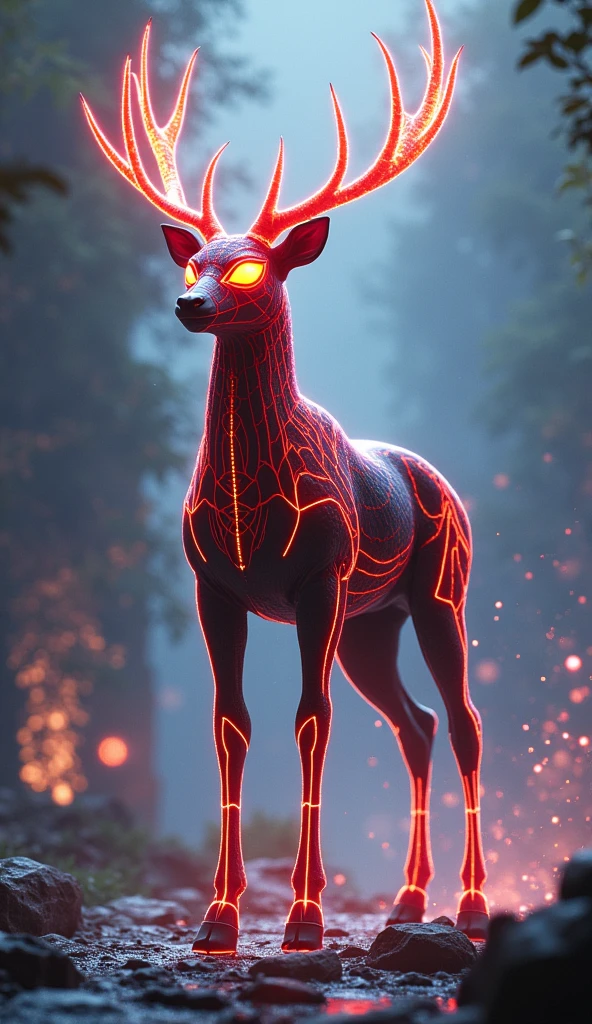 Giraffe with transformers costume with red neon light glowing and helmet in standing