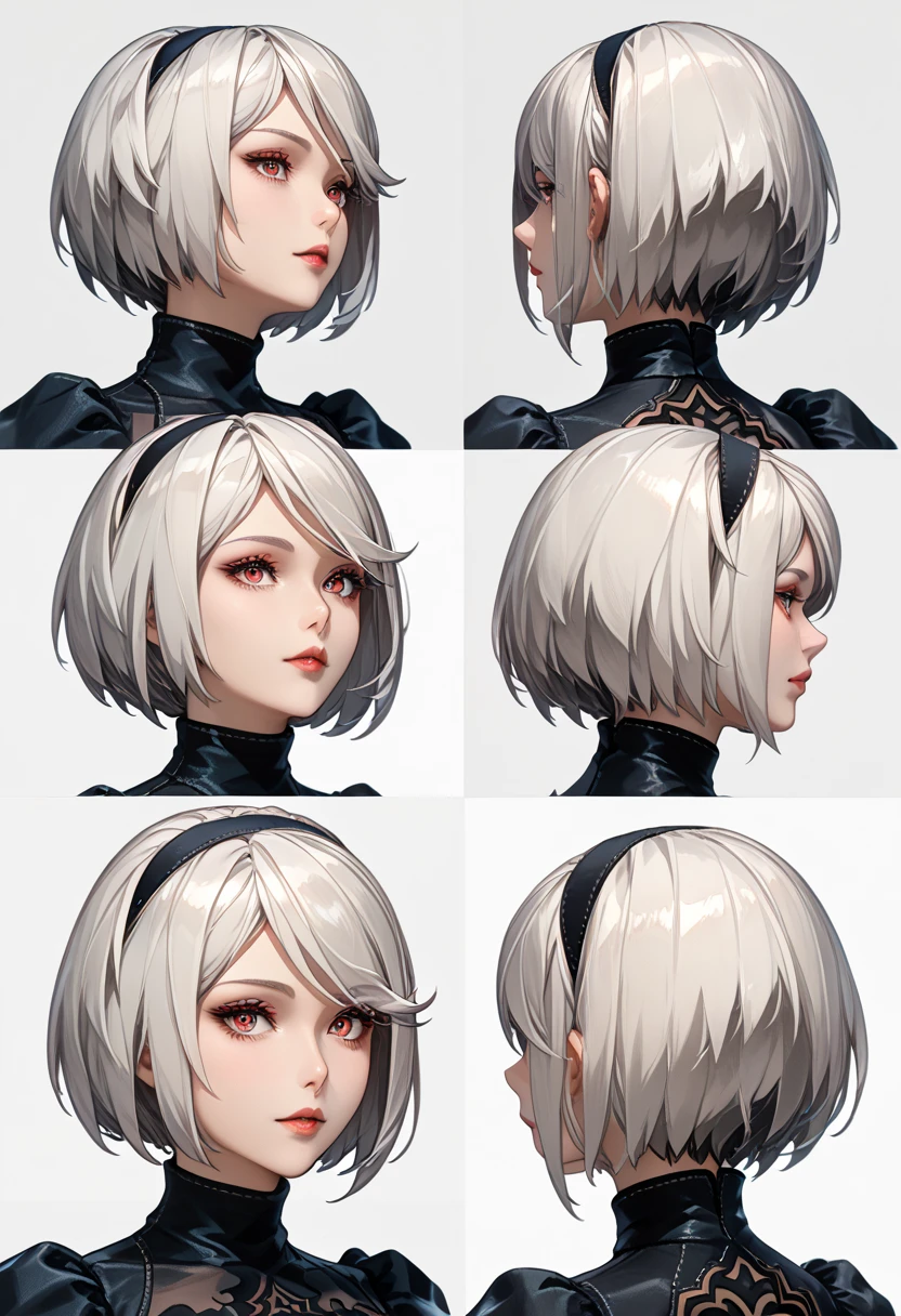 character sheet desing lady 2b from nier automata, only head. beauty face, perfect proportion, beauty, ultra detailed face. views: front view, back view and (orthogonal side view) . (only head view) 3 views. beauty eyes. (((orthogonal views))), no perspetive only orthogonal views. straight head, orthogonal view. symmetry. only 3 views. back view, view, only orthogonal views