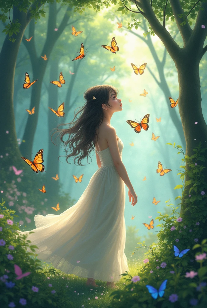 Now draw a woman with lots of butterflies in an anime-style forest