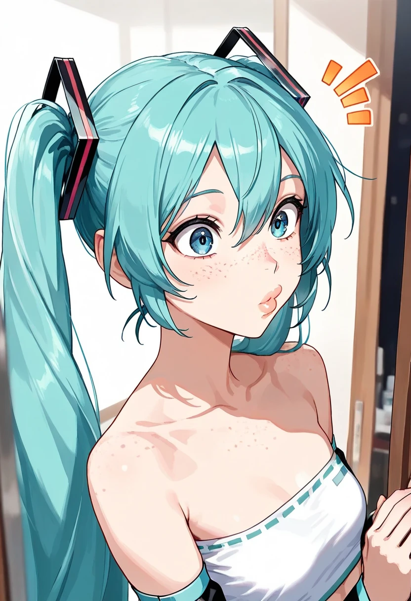 (masterpiece,  high resolution,  high resolution:1.2), Anime 20 year old woman ,  Vocaloid Hatsune Miku ,  Blue Hair,  blue eyes,  Portrait, shoulders up,  illustration. Drawn,  Blancing , Alone,  surprised, Freckles, Big Lips,  small breasts,  perfect body,  is wearing a tube top, Without hands. creating a vibrant impression, away from the camera, anatomically correct