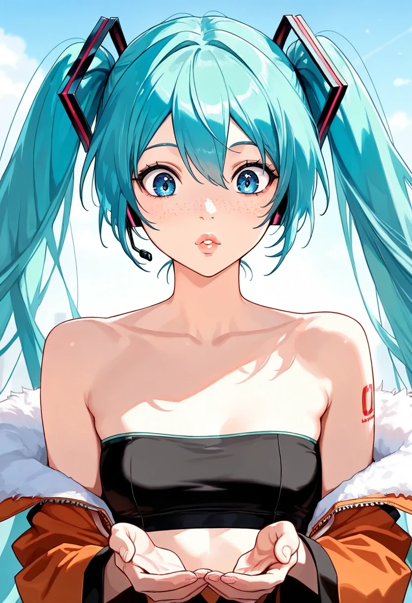 (masterpiece,  high resolution,  high resolution:1.2), Anime 20 year old woman ,  Vocaloid Hatsune Miku ,  Blue Hair,  blue eyes,  Portrait, shoulders up,  illustration. Drawn,  Blancing , Alone,  surprised, Freckles, Big Lips,  small breasts,  perfect body,  is wearing a tube top, Without hands. creating a vibrant impression, away from the camera, anatomically correct