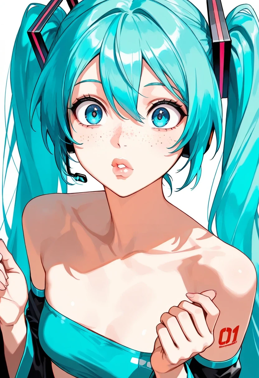 (masterpiece,  high resolution,  high resolution:1.2), Anime 20 year old woman ,  Vocaloid Hatsune Miku ,  Blue Hair,  blue eyes,  Portrait, shoulders up,  illustration. Drawn,  Blancing , Alone,  surprised, Freckles, Big Lips,  small breasts,  perfect body,  is wearing a tube top, Without hands. creating a vibrant impression, away from the camera, anatomically correct