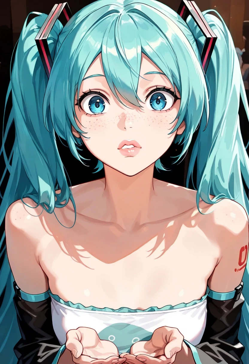 (masterpiece,  high resolution,  high resolution:1.2), Anime 20 year old woman ,  Vocaloid Hatsune Miku ,  Blue Hair,  blue eyes,  Portrait, shoulders up,  illustration. Drawn,  Blancing , Alone,  surprised, Freckles, Big Lips,  small breasts,  perfect body,  is wearing a tube top, Without hands. creating a vibrant impression, away from the camera, anatomically correct