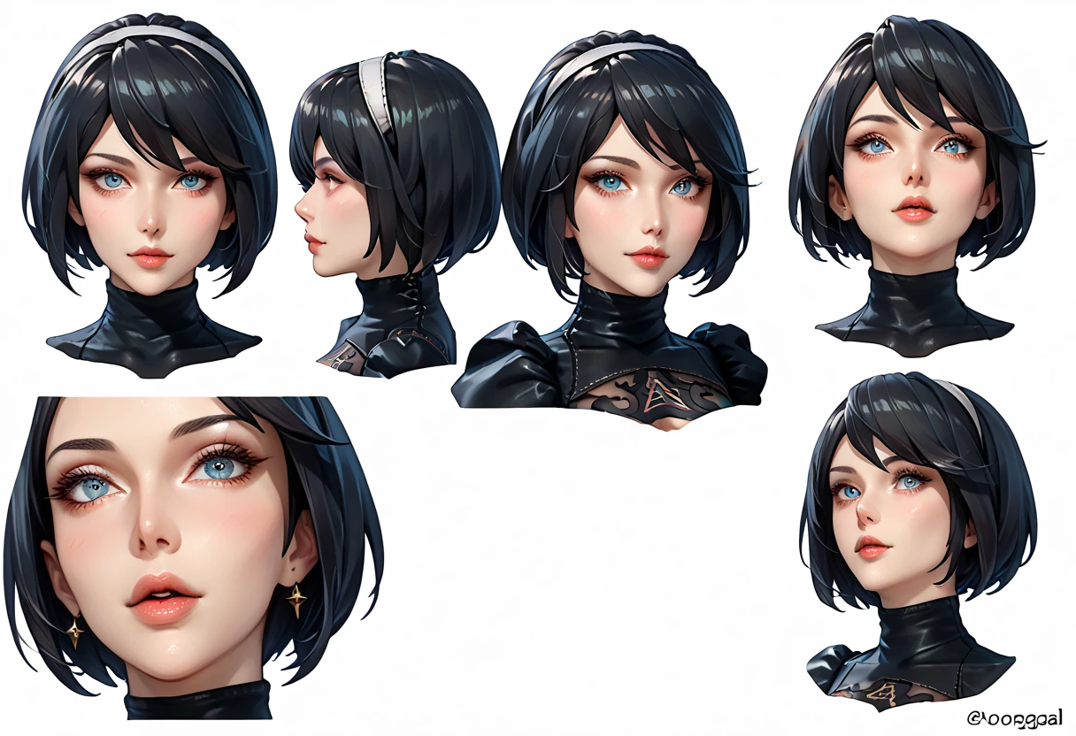 character sheet desing lady 2b from nier automata, only head. beauty face, perfect proportion, beauty, ultra detailed face. view: front view and (orthogonal side view) . (only head view) 2 views. beauty eyes. (((orthogonal views))), no perspetive only orthogonal views. straight head, orthogonal view. symmetry. only 2 views. top view, back view. bottom view (cenital), only orthogonal views