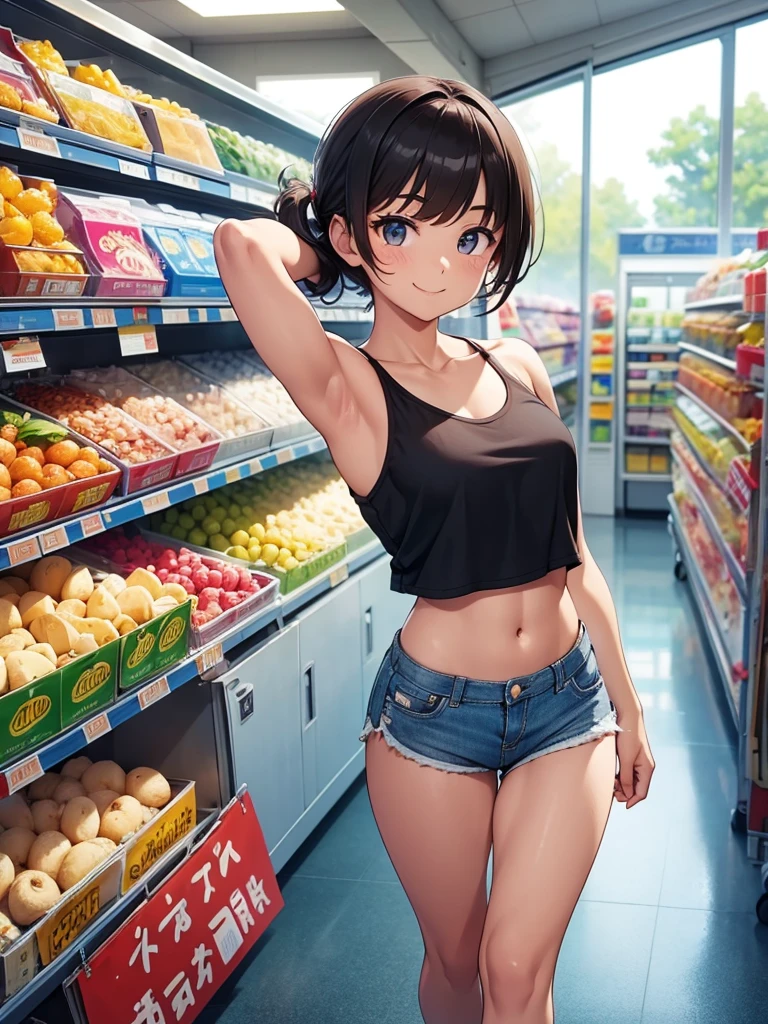 ((Masterpiece)), best quality, absurderes, ultra detailed, holographic, cowboy shot, dynamic pose, golden ratio, super cute girl, mature girl, extremely beautiful, super beautiful asian girl with super beautiful brown shiny eyes, super petite and sexy body, super beautiful legs, super beautiful brown multicolored short hair, high ponytail, shiny and super beautiful skin, nice and sexy body, slim and delicate body, perfect body, wearing a super tight black short sleeve crop top, bare shoulders, super tight translucid black leggings, hot panties, fox hairband, being photographed in a popular kawaii food court