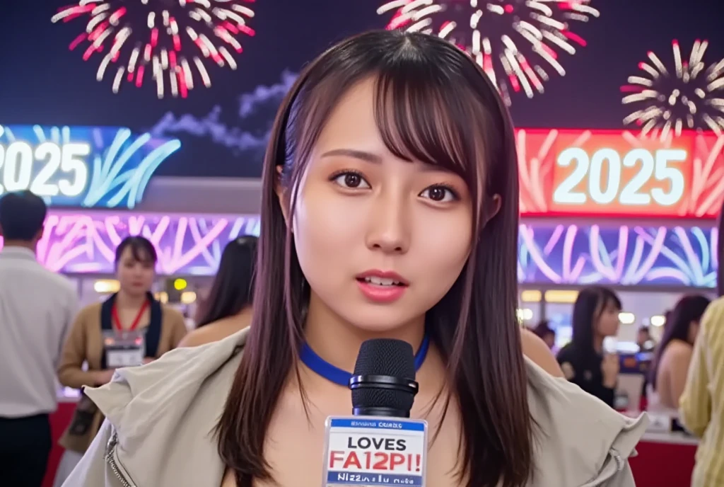 (RAW photo, real photo, high quality, masterpiece), 1 woman, Tamao, (news anchor woman is in 2025 party, woman hold a microphone and live broadcasting in party in front of the camera, words "2025" fireworks and word "2025" banners, 2025 fireworks in the sky, )