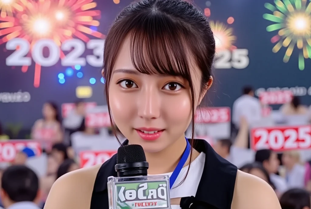 (RAW photo, real photo, high quality, masterpiece), 1 woman, Tamao, (news anchor woman is in 2025 party, woman hold a microphone and live broadcasting in party in front of the camera, words "2025" fireworks and word "2025" banners, 2025 fireworks in the sky, )