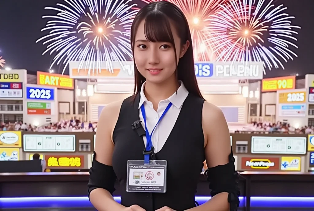 (RAW photo, real photo, high quality, masterpiece), 1 woman, Tamao, (news anchor woman is in 2025 party, woman hold a microphone and live broadcasting in party in front of the camera, words "2025" fireworks and word "2025" banners, 2025 fireworks in the sky, )