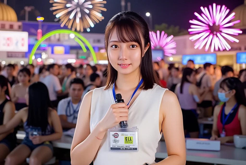 (RAW photo, real photo, high quality, masterpiece), 1 woman, Tamao, (news anchor woman is in 2025 party, woman hold a microphone and live broadcasting in party in front of the camera, words "2025" fireworks and word "2025" banners, 2025 fireworks in the sky, )