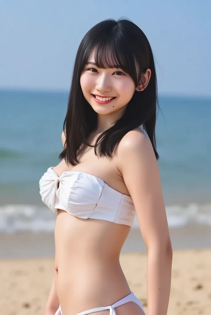 (( top quality、masterpiece、、  highest image quality taken by Ki 、 ultra high definition、 Award-winning works )、(  white micro bikini  :1.8)、( Exact Anatomy:1.1)、( Beach :1.2)、 blue sky、(  Look at Me and Laugh :1.1)、 ultra high definition for bright and fair skin、The most detailed face、 ultra high definition detailed face、 ultra high definitionの髪の毛、 ultra high definitionの煌めく瞳、 The beautiful face jumping into Baker Street is depicted in every detail、( Blurry Backgrounds :1.1)、Very bright and vivid、 beautiful Japanese actress's face 、自然豊かな Beach :1.1)、Perfect and accurate onsen、((whole body:1.6))、 Beautiful breasts