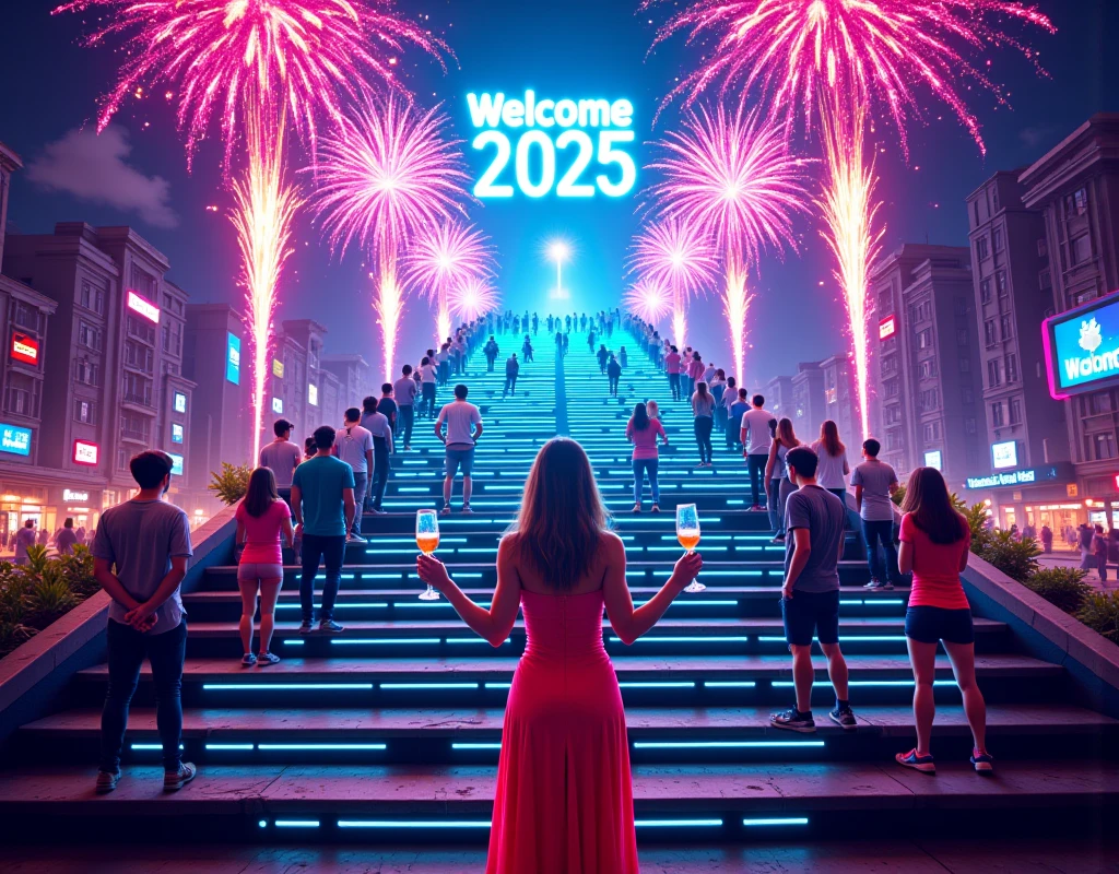 An Infinite Stairway to the Sublime featuring dance hall on night-sky is alive with vibrant fireworks, a woman wearing designer red dress Dancing with circle of friends and teammates. In his hands he holds a bottle of champagne with glass. Champagne foam from the bottle splashes in different directions. a fonts read "Welcome 2025", the billboard inflatable:1.5, Electronic neon circuit texture, layered with Quantum Probability Waves and manifested via Psychedelic Synesthesia Encoding, pulsing with galaxy blue and electric cyan rhythms
