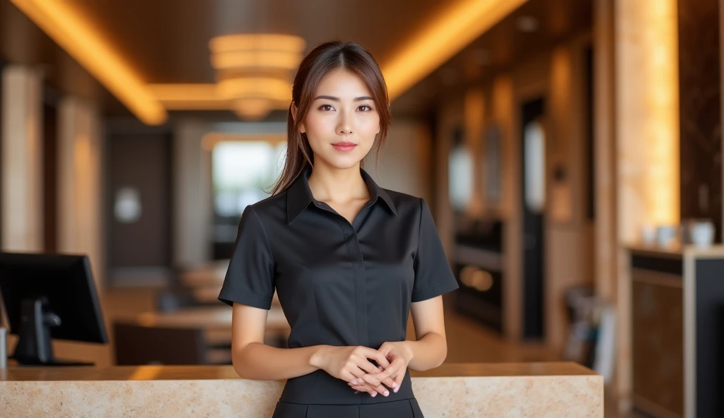 
"An Asian female hotel receptionist in a professional uniform, standing confidently behind the front desk with a welcoming smile, surrounded by the elegant ambiance of a hotel lobby."