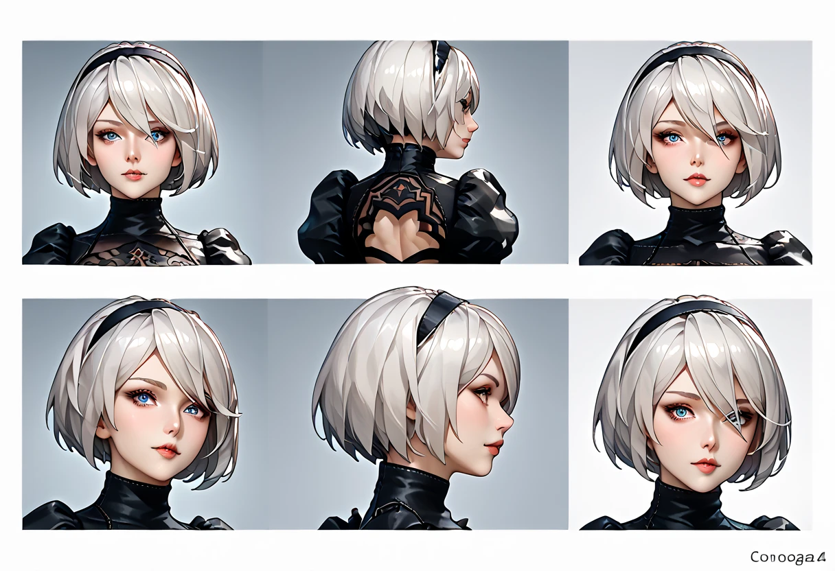  sheet desing lady 2b from nier automata, only head. beauty face, perfect proportion, beauty, ultra detailed face. view: front view and (orthogonal side view) . (only head view) 2 views. beauty eyes. (((orthogonal views))), no perspetive only orthogonal views. straight head, orthogonal view. symmetry. only 2 views. top view, back view. bottom view (cenital), only orthogonal views. white hair. front, side, back and top view, orthogonal viewa
