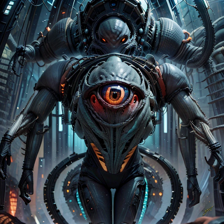 one eyed，main body：Alien monsters，Wreak havoc on an unknown planet，Exudes an aura of terror。
enviroment（Background with）：Unknown planet，Bizarre plants and buildings are scattered around，Full of technology and unknown。
Quality style：scifi style，Focus on the use of exaggerated and futuristic elements，Bring a strong sci-fi atmosphere to the audience。
illuminating：Use colorful glows and shadows，Highlight the horror images of alien monsters。
color：Mainly cool colors，The skin of the alien monster and the colors of the unknown planet complement each other，It presents a sense of technology and the unknown。
sentiment：terroral、thriller，It conveys the shock and horror of alien monsters raging on unknown planets。
composition：Adopt a composition with an elevation perspective，Place the alien monster in the center of the picture，Set against the backdrop of unknown planets and exotic plants，Enhance the exotic and technological features of alien monsters。
peculiarity：The alien monster has glowing eyes，There is a terrifying light，Its antennae and limbs possess extraordinary strength and perception。
the detail：Every texture of an alien monster、Skin texture and movement are depicted in detail，Creates a strong sense of realism