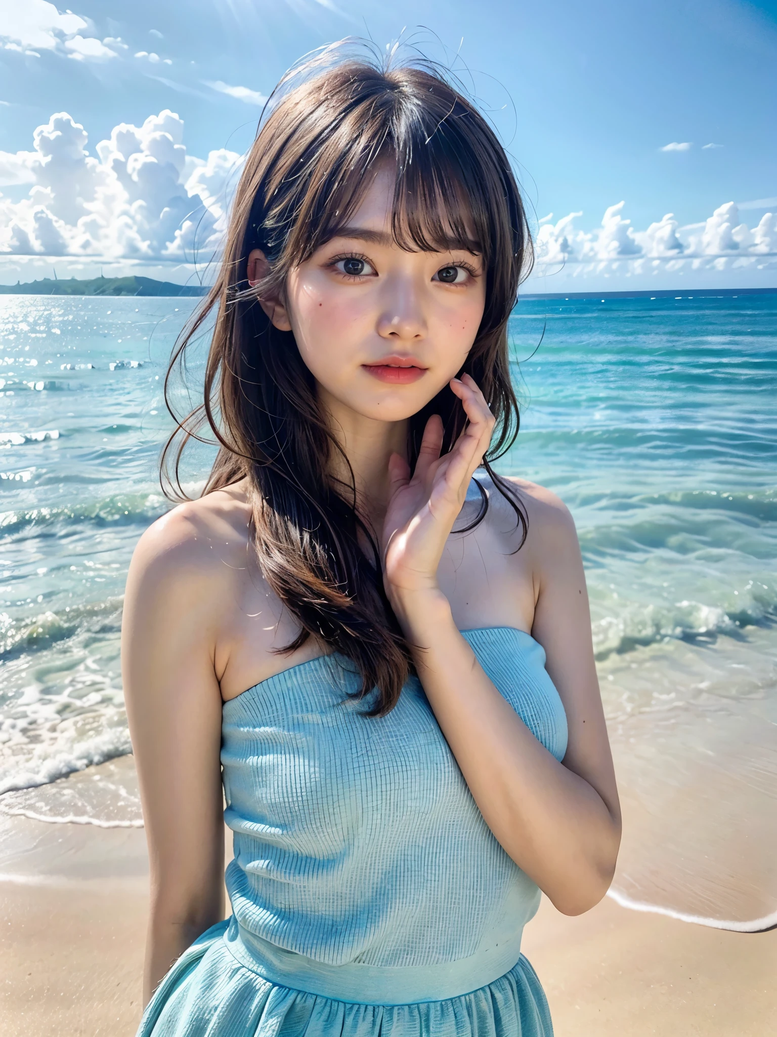 Arafed asian woman in a blue dress standing on a beach - SeaArt AI