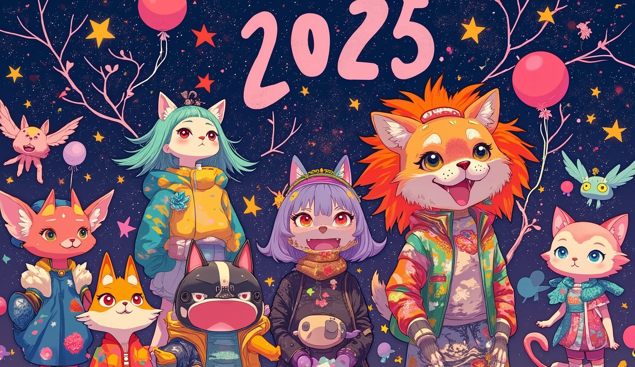 text:"Happy new year",text:2025 ,( top quality,4K,8k, high resolution,masterpiece:1.2),[The March of the Animals,Strange Parade ],illustration, ,Hand-drawn illustration, Dark colors,  Stylish Anime ,(masterpiece, top quality:1.2)