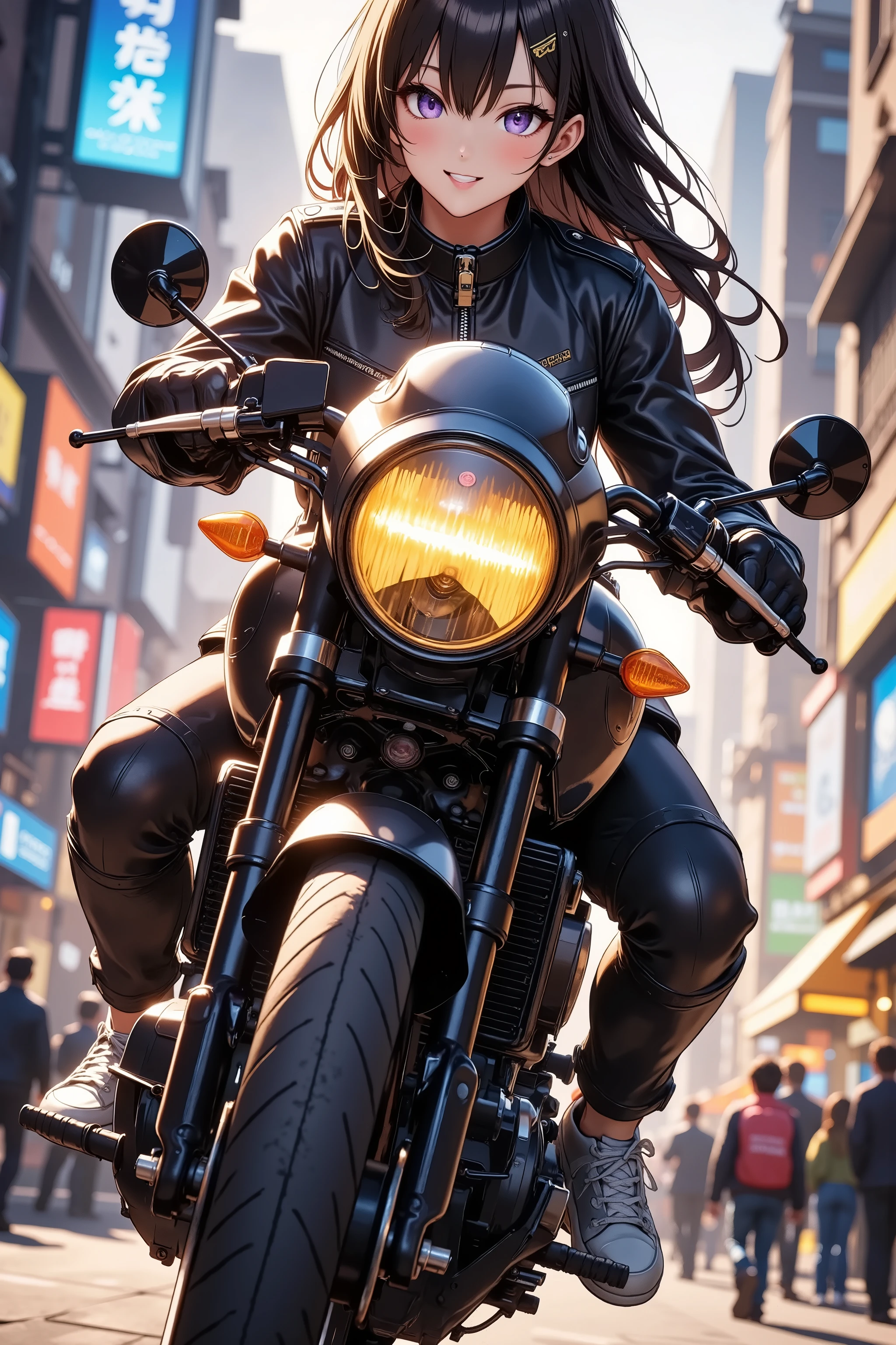 One beautiful woman riding a motorcycle tuned to Cafe Racer 、 yellow headlight、 rocket cowl 、Overall view of the motorcycle、glowing exhaust pipe, Ultra Wide Angle,  glossy brown skin 、 anime mature