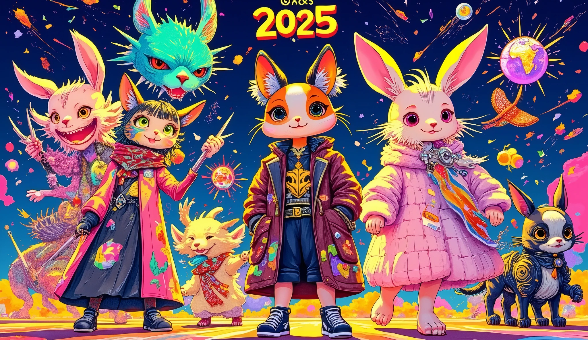 text:"Happy new year",text:2025 ,( top quality,4K,8k, high resolution,masterpiece:1.2),[The March of the Animals,Strange Parade ],illustration, ,Hand-drawn illustration, Dark colors,  Stylish Anime ,(masterpiece, top quality:1.2)