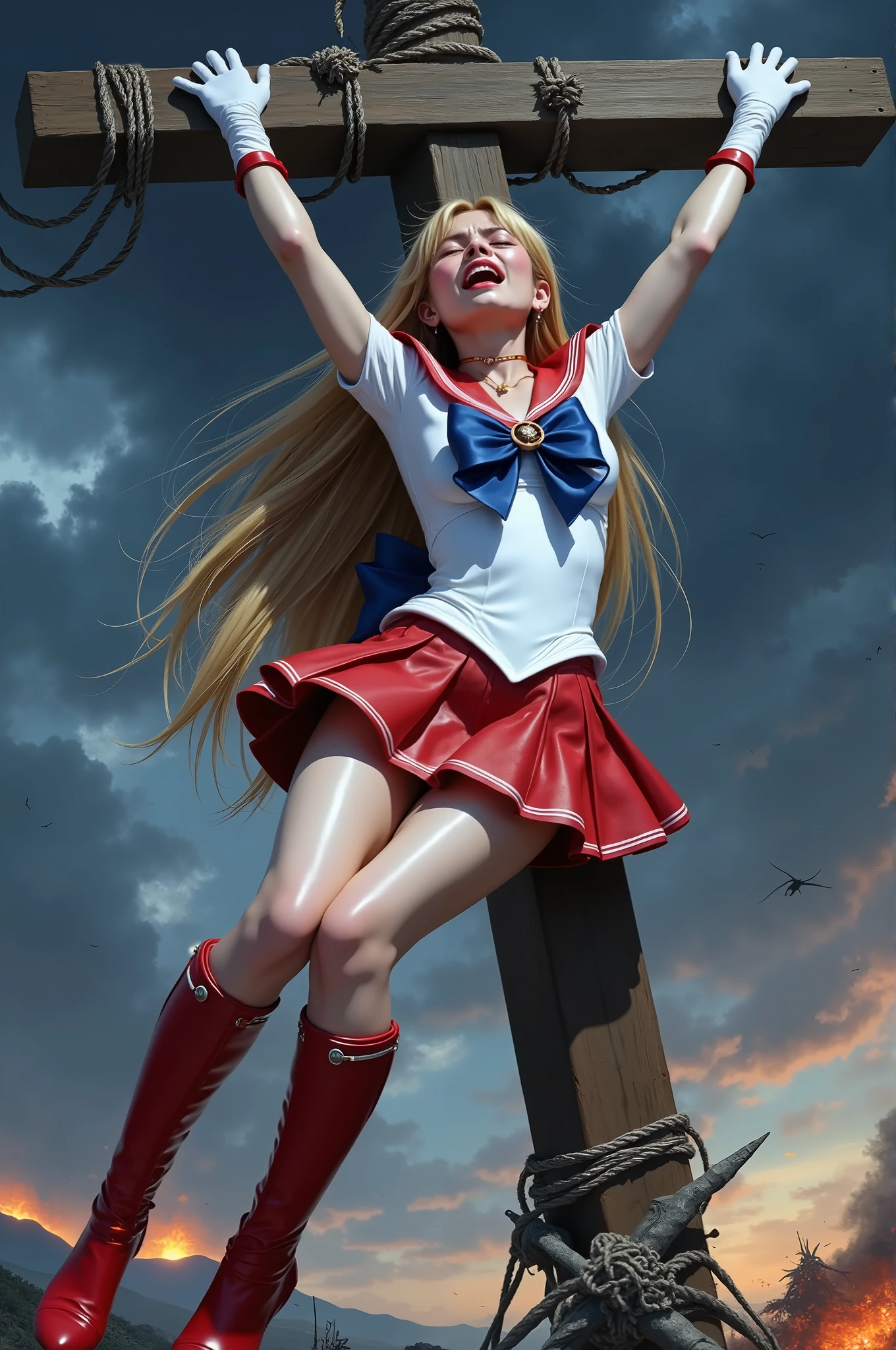 Hyperrealism, masterpiece, highest quality, A young Japanese woman is crucified on the cross, injury, crying in severe pain, painful face, ((Wearing a Sailor Moon costume, restrain your wrist to the cross, ((Blue sailor collar, Blue mini pleated skirt, Long white gloves, shiny beige color pantyhose, red high boots, Exposed thighs, Red long boots, big choker)), Blonde Hair, Very long blonde hair, (((realistic))), volcano background,