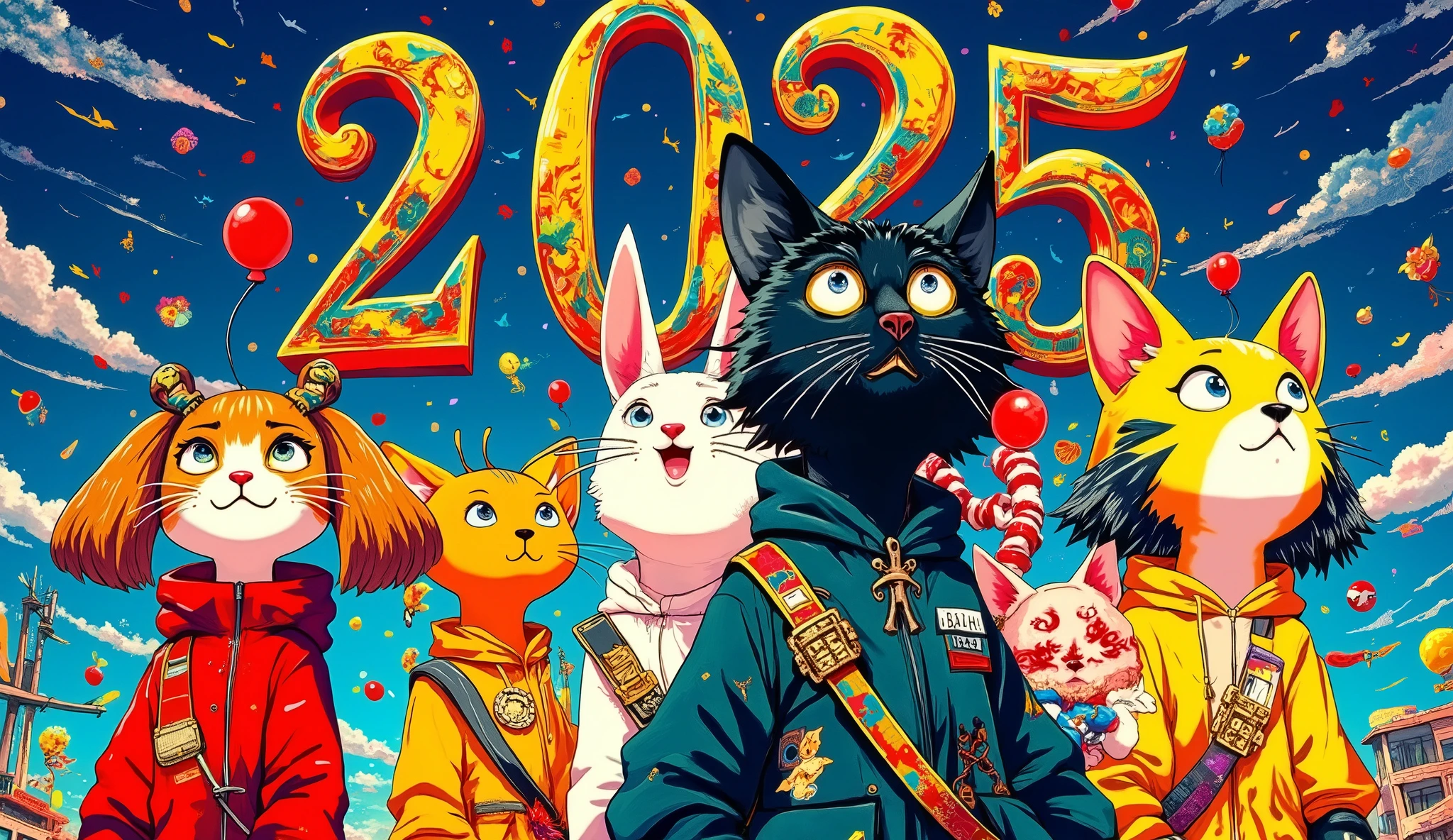 text:"Happy new year",text:2025 ,( top quality,4K,8k, high resolution,masterpiece:1.2),[The March of the Animals,Strange Parade ],illustration, ,Hand-drawn illustration, Dark colors,  Stylish Anime ,(masterpiece, top quality:1.2)